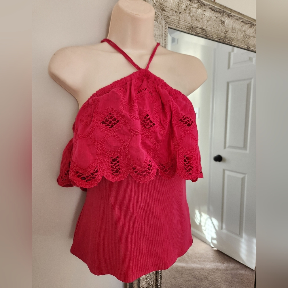 ANTHROPOLOGIE by Anthropologie Boho Festival Ribbed Halter Lace Top